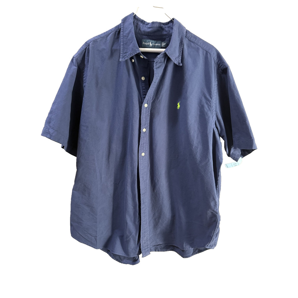 Ralph Lauren Men 2XL Navy Button Down Short sleeve Classic Preppy Tailored Flaw